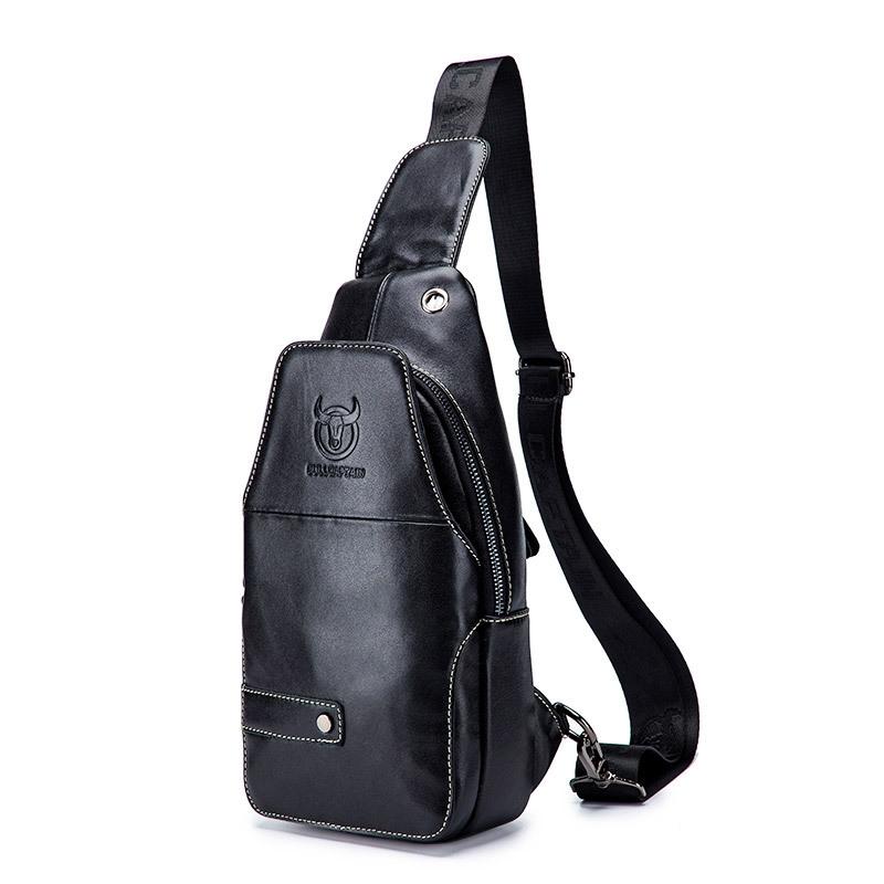 Men Leather Sports Chest Bag First Layer Cowhide - Black