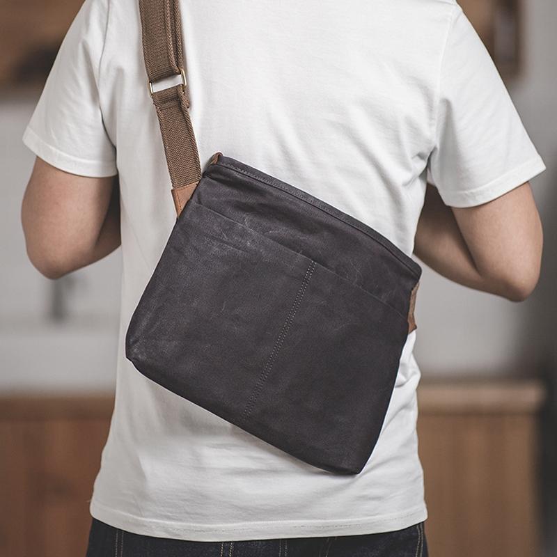 Retro Minimalist Oil Wax Canvas Shoulder Bag Dark Gray