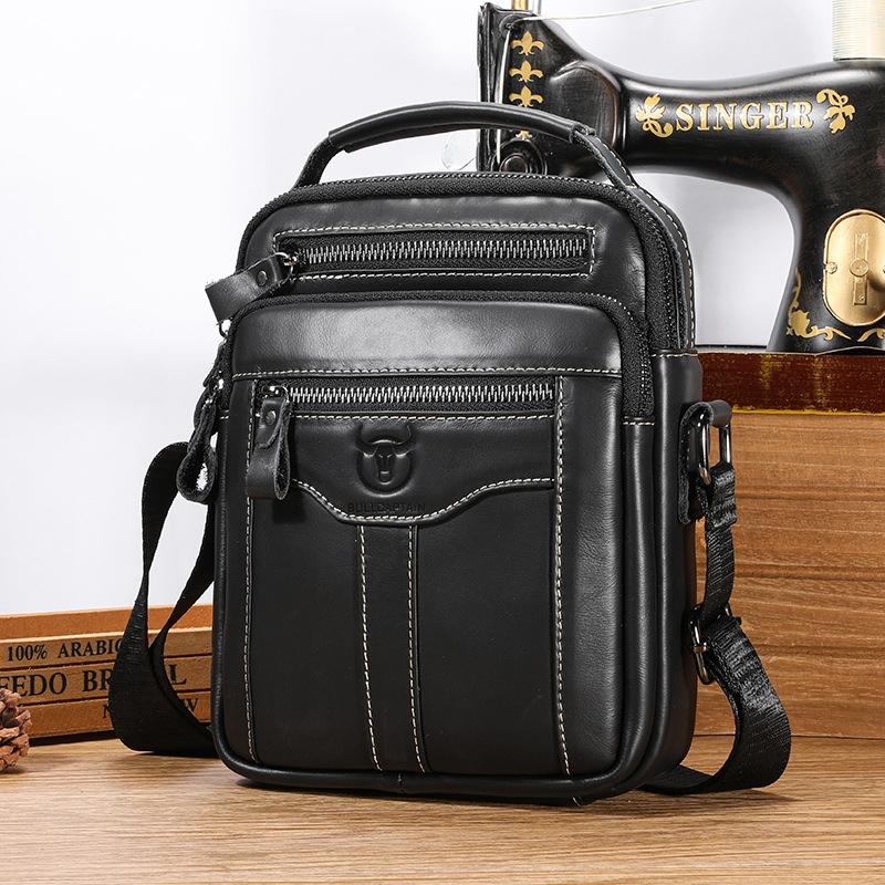 Large Capacity Retro Cowhide Crossbody Bag - Black