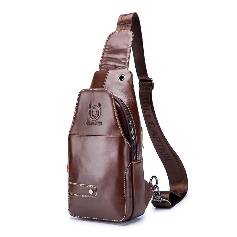 Men Leather Sports Chest Bag First Layer Cowhide - Brown