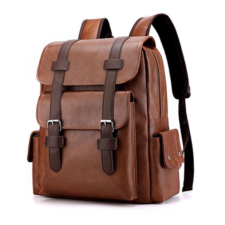 Large Capacity Pu Leather Laptop Backpack For Travel & School - Light Brown