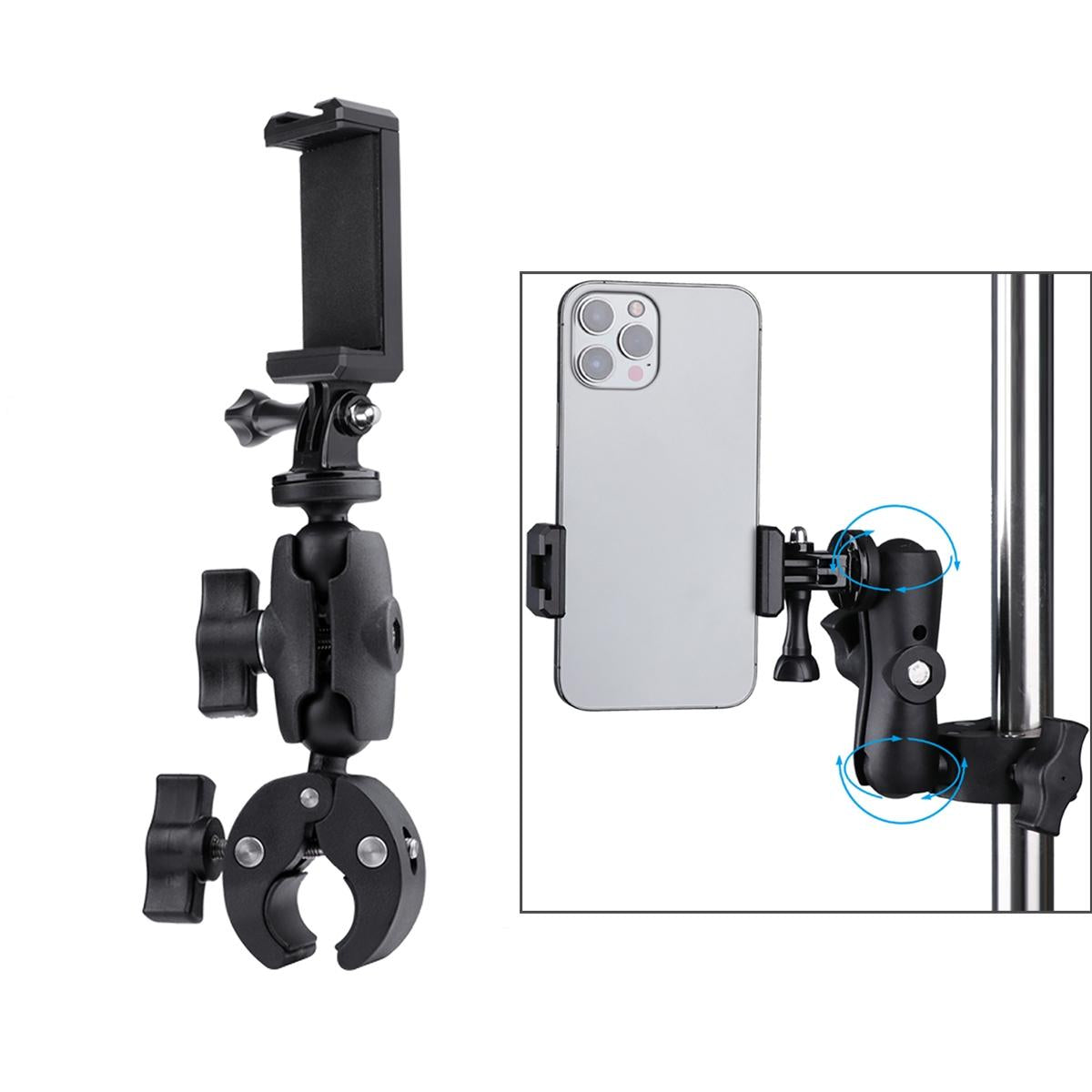 Adjustable Action Camera Clamp with 360 Rotation and Phone Holder