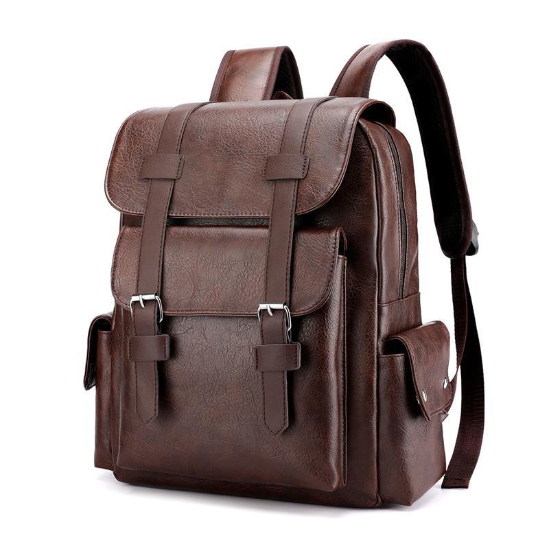Large Capacity Pu Leather Laptop Backpack For Travel & School - Dark Brown