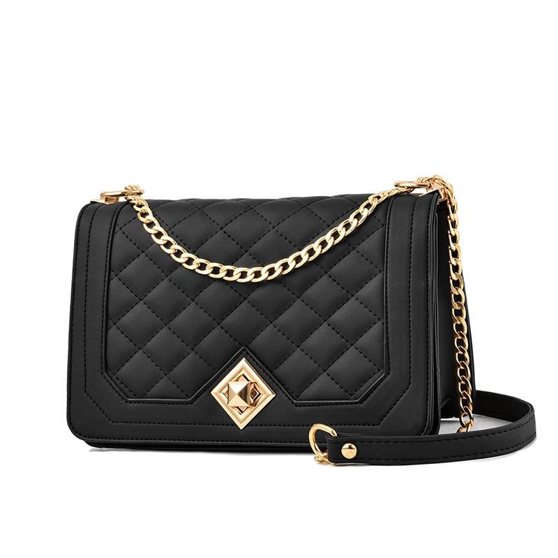 Chic One Shoulder Chain Bag With Diagonal Rhombus Design - Black