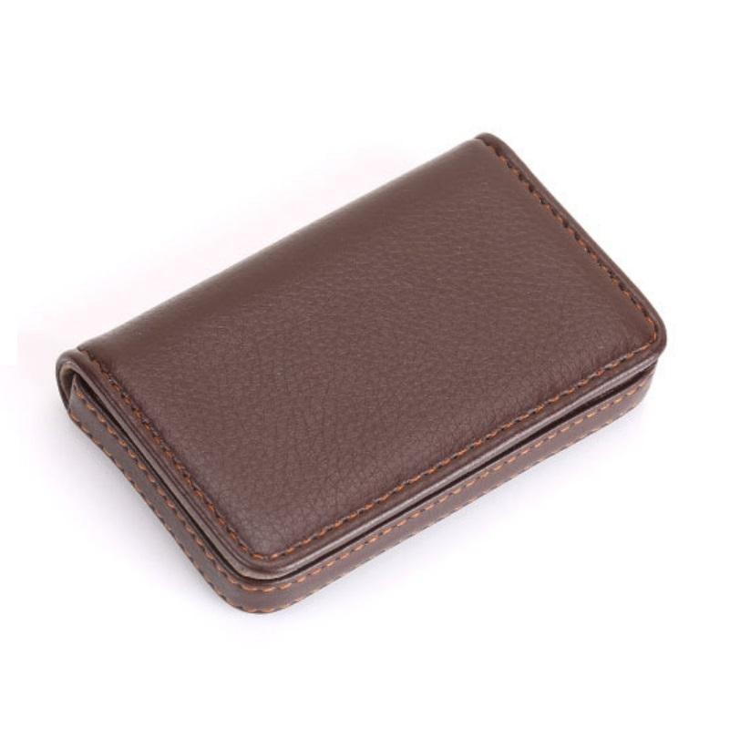Stainless Steel Magnetic Business Card Holder Pu Leather Case - Brown
