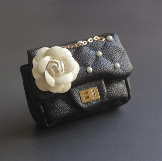 Glitter Flower Chain Kid Shoulder Bag - Black