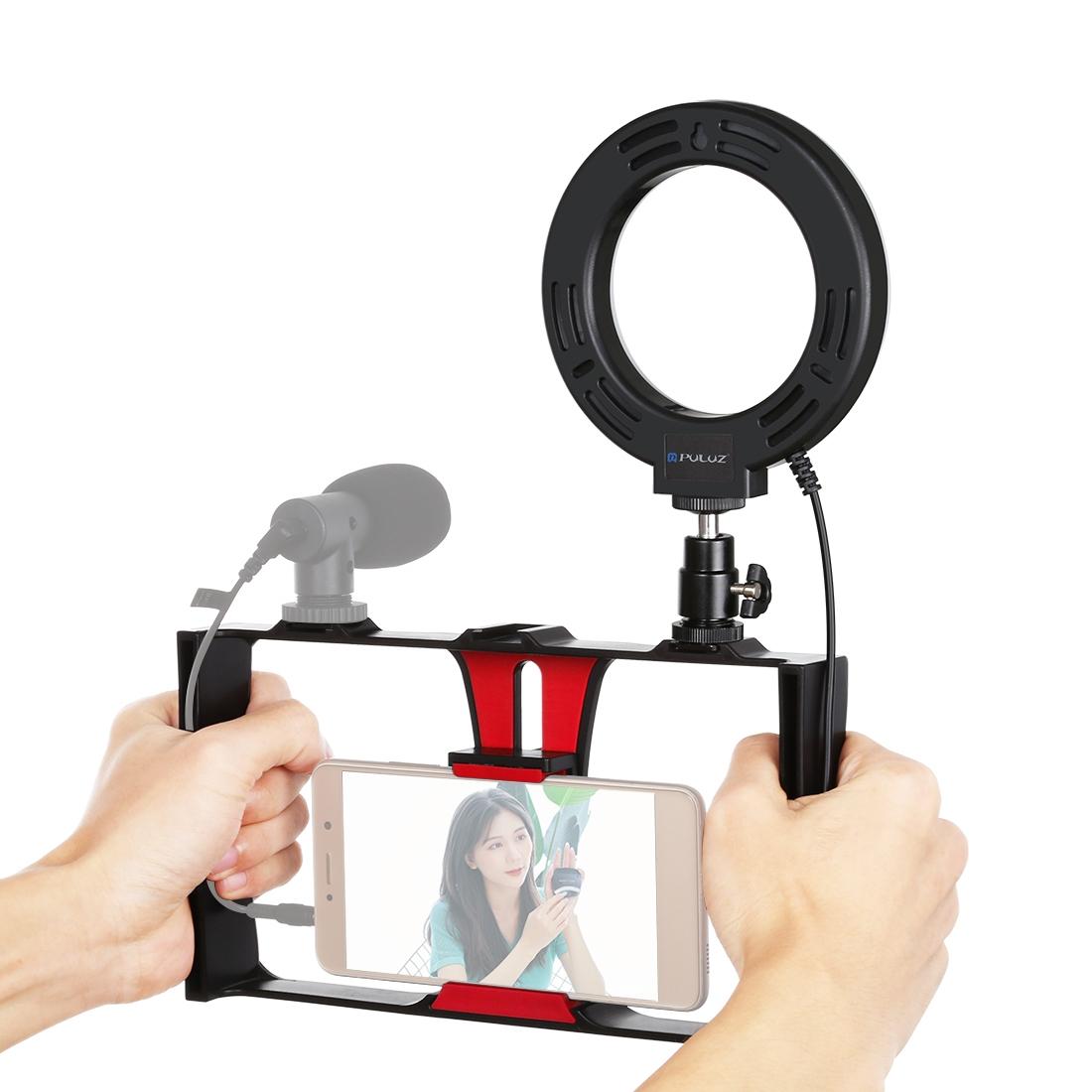Vlogging Live Broadcast Smartphone Video Rig With 4.7 Inch Ring Led Selfie Light Kit And Cold Shoe Tripod Head - Red
