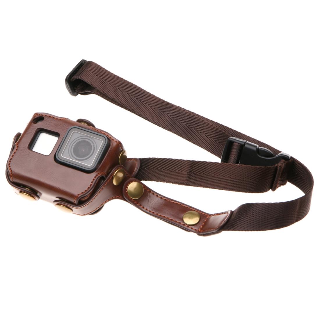 Leather Housing Case with Neck Strap and Buttons for Gopro Hero7 / 6 / 5 - Black - Brown