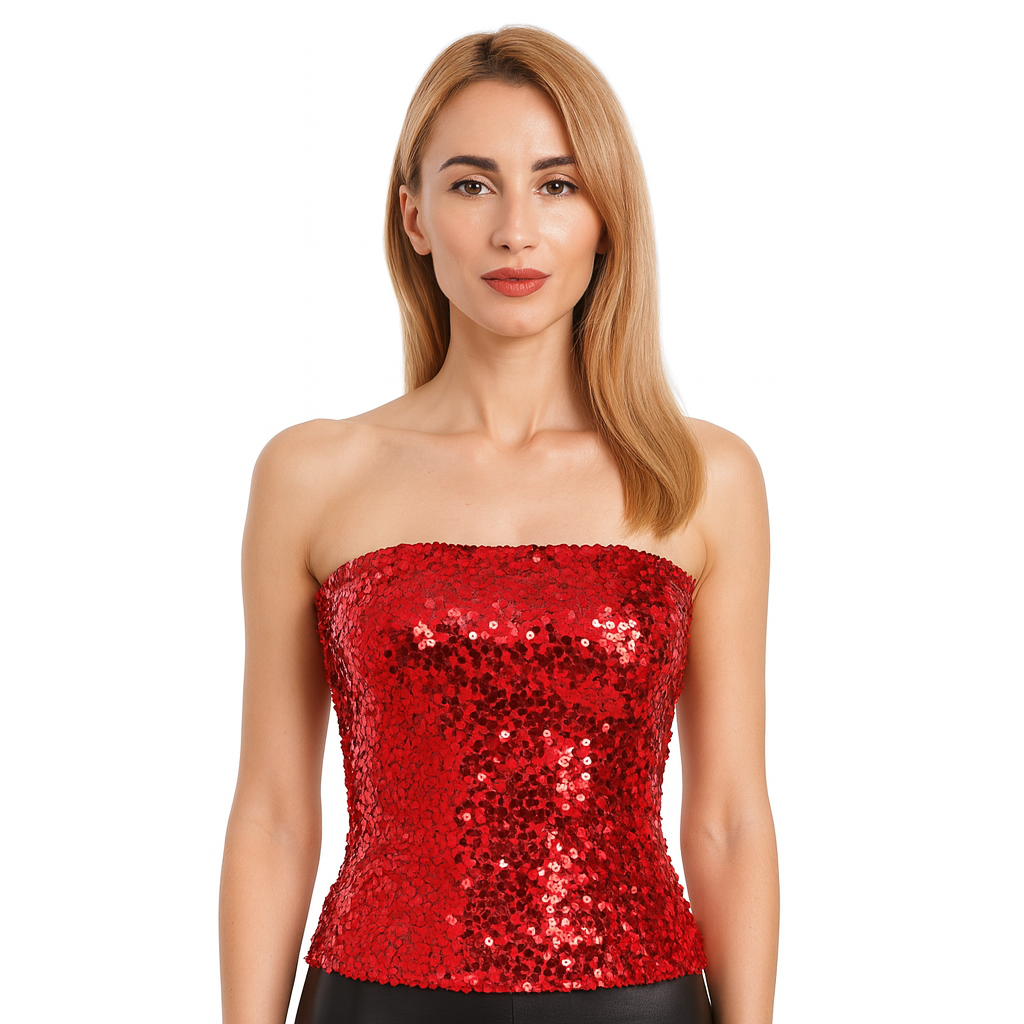 Womens SEQUIN BANDEAU CROP TOP Sparkling Sparkly Costume Tube - Red