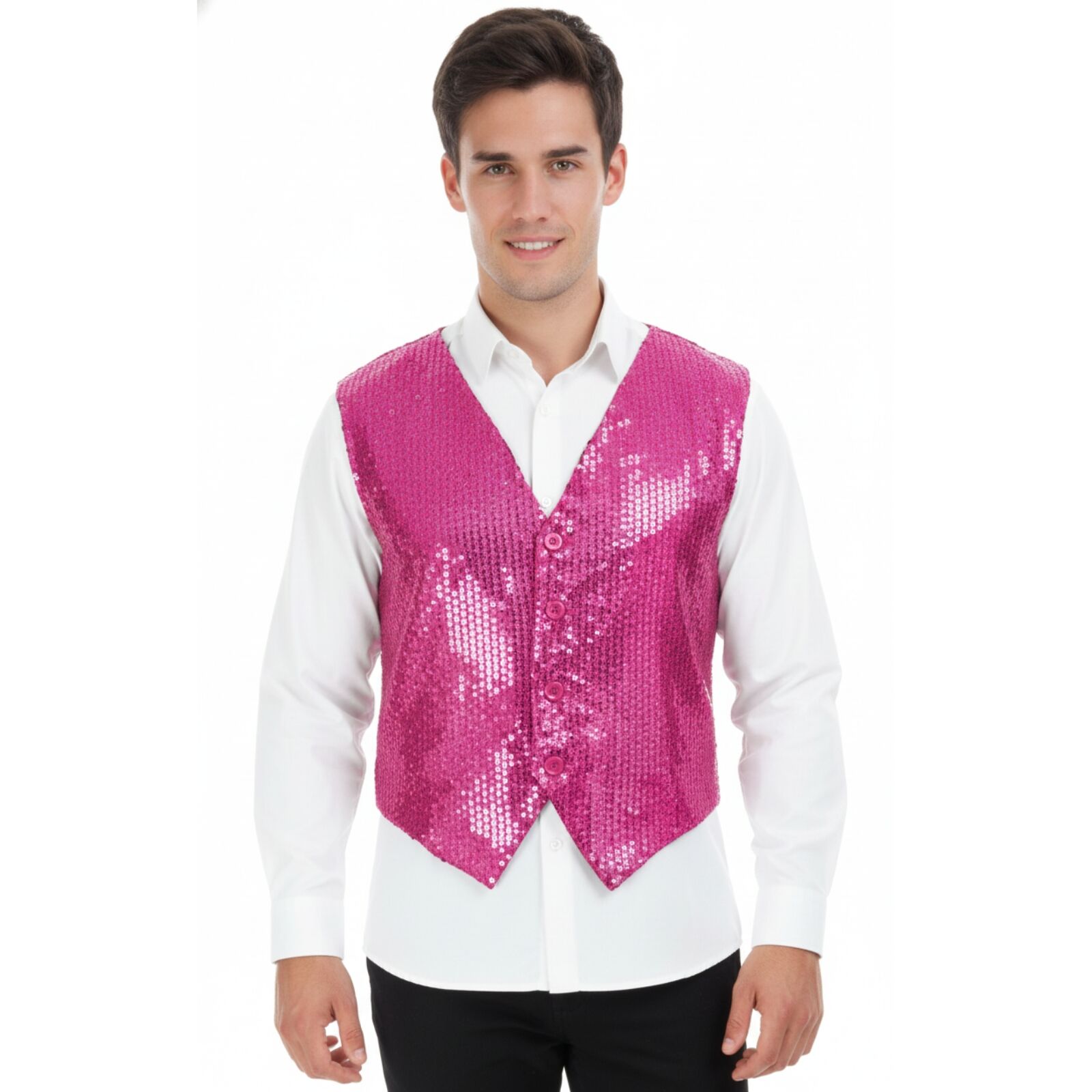 Mens Sequin Vest Waistcoat Disco Sparkle Costume Party Dance One Size - Pink