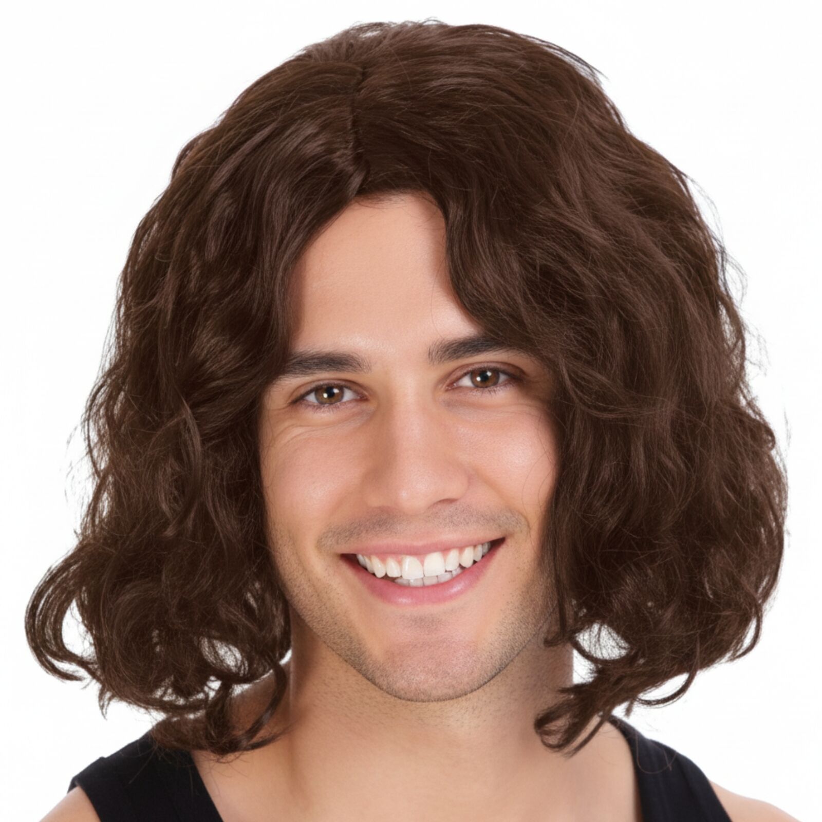 MENS WAVY WIG Curly Long Hair Disco Punk Rock Party Costume 60s 70s - Brown