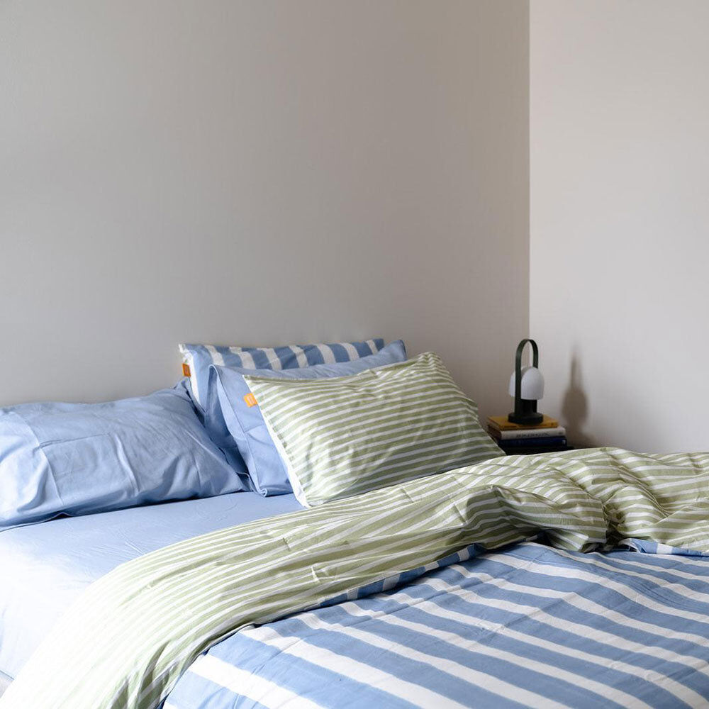 100% Cotton Duvet Quilt Cover Set w/ 2 Pillow Cases in Reversible Blue/Green/White Stripe - King