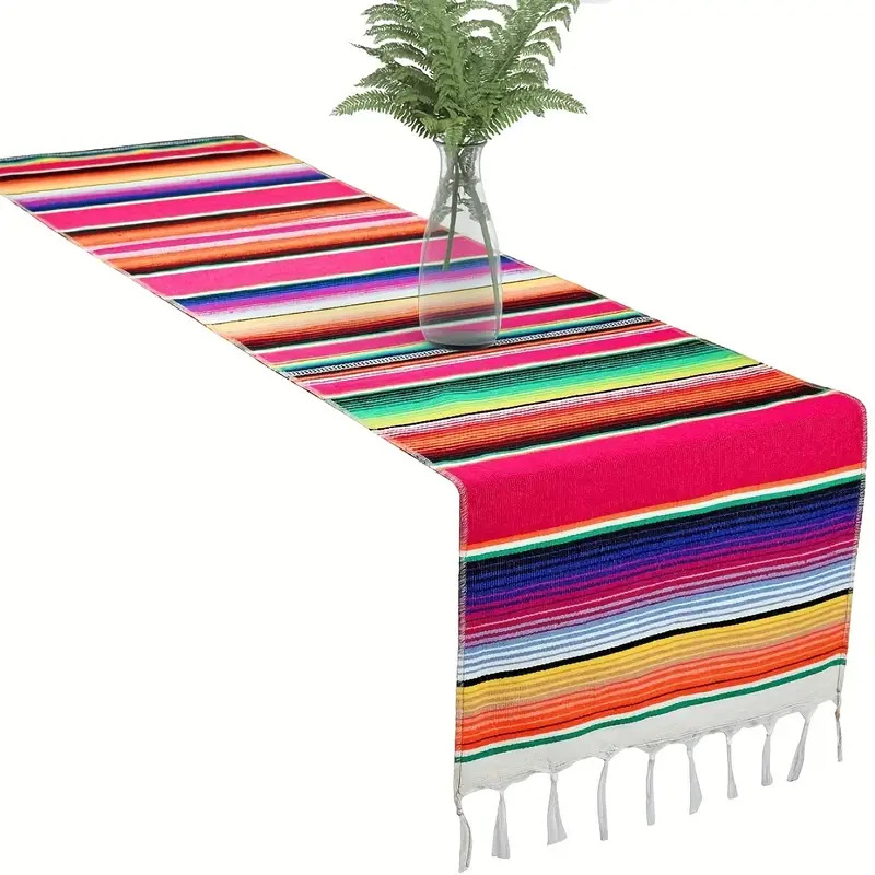 Rainbow Table Cloth Runner Stripe w/ Tassel Mexican Tablecloth Wedding Party Decor