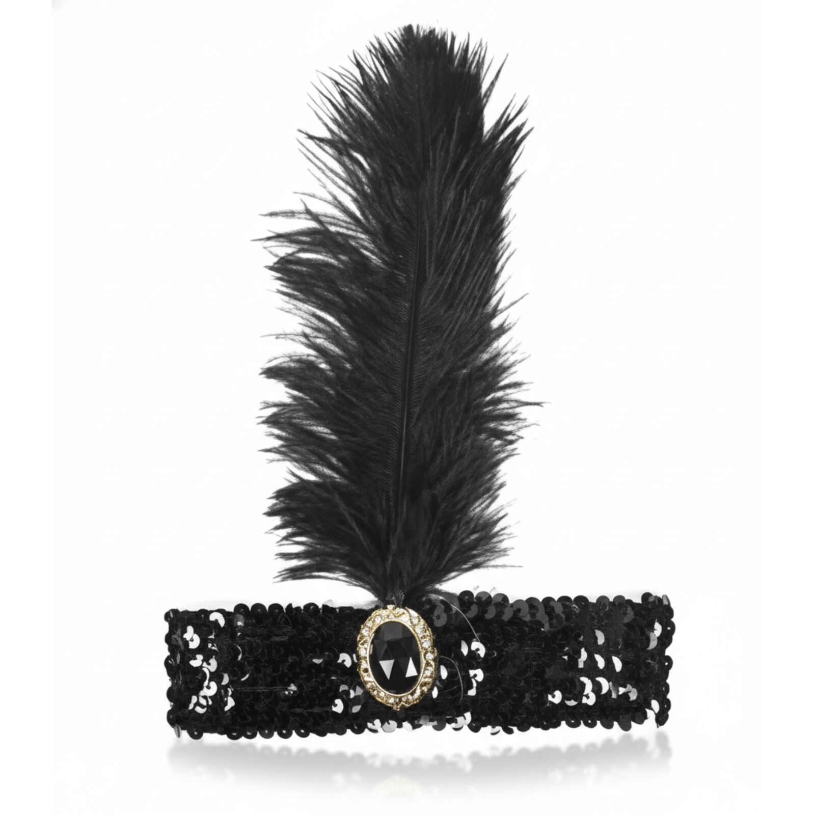 WIDE FLAPPER HEADBAND Feather Sequin Costume Gatsby Charleston Headpiece 1920s - Black