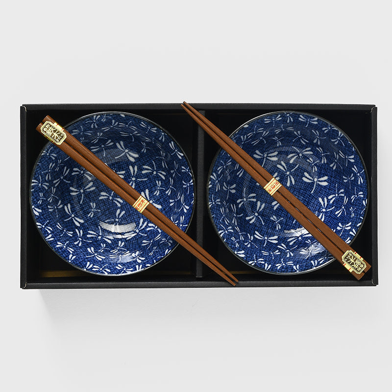 Bowl Set 2pcs with Chopsticks Indigo Dragonfly Design