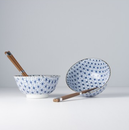 Bowl Set 2pcs with Chopsticks Starburst Blue Design
