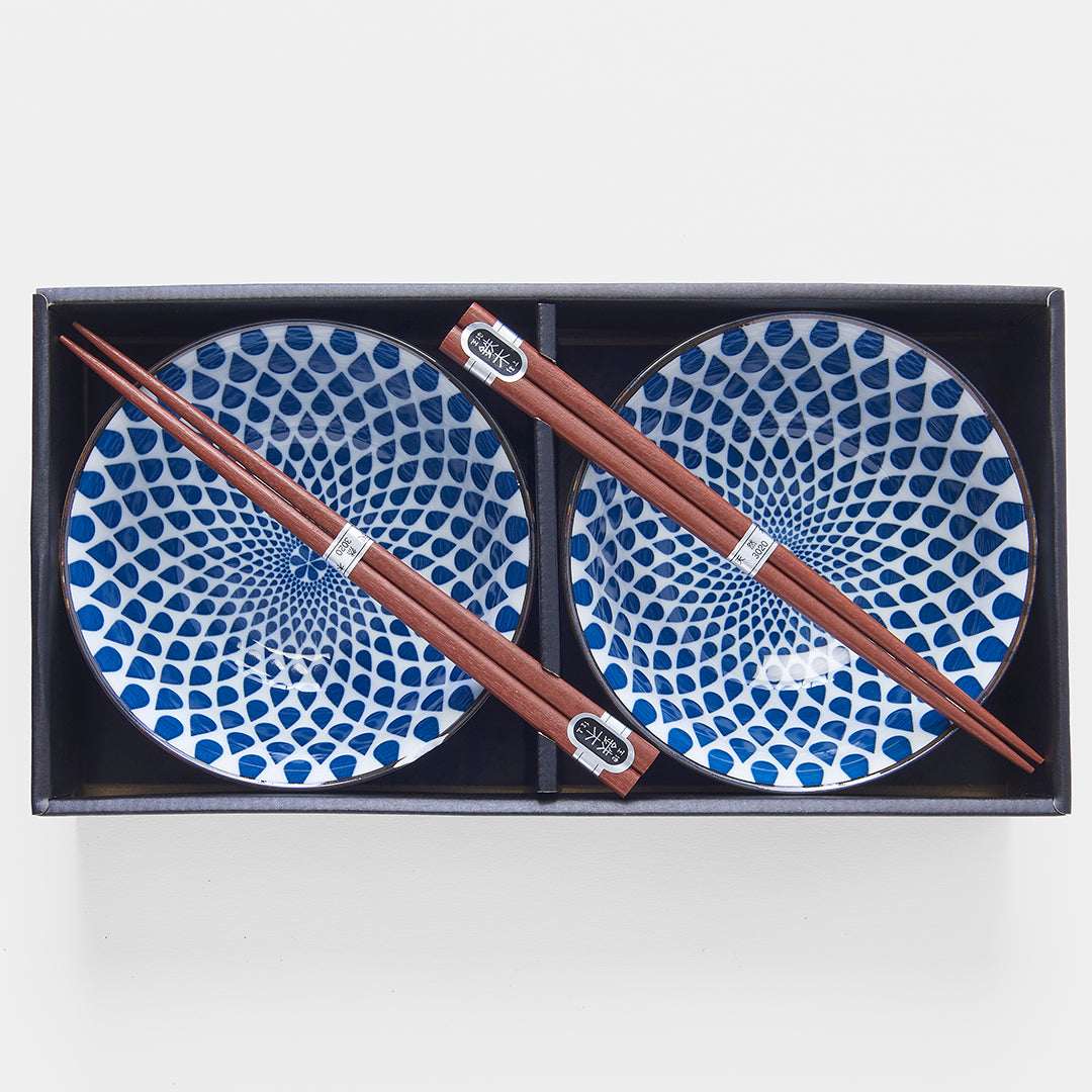 Bowl Set 2pcs with Chopsticks White Blue Teardrops Design