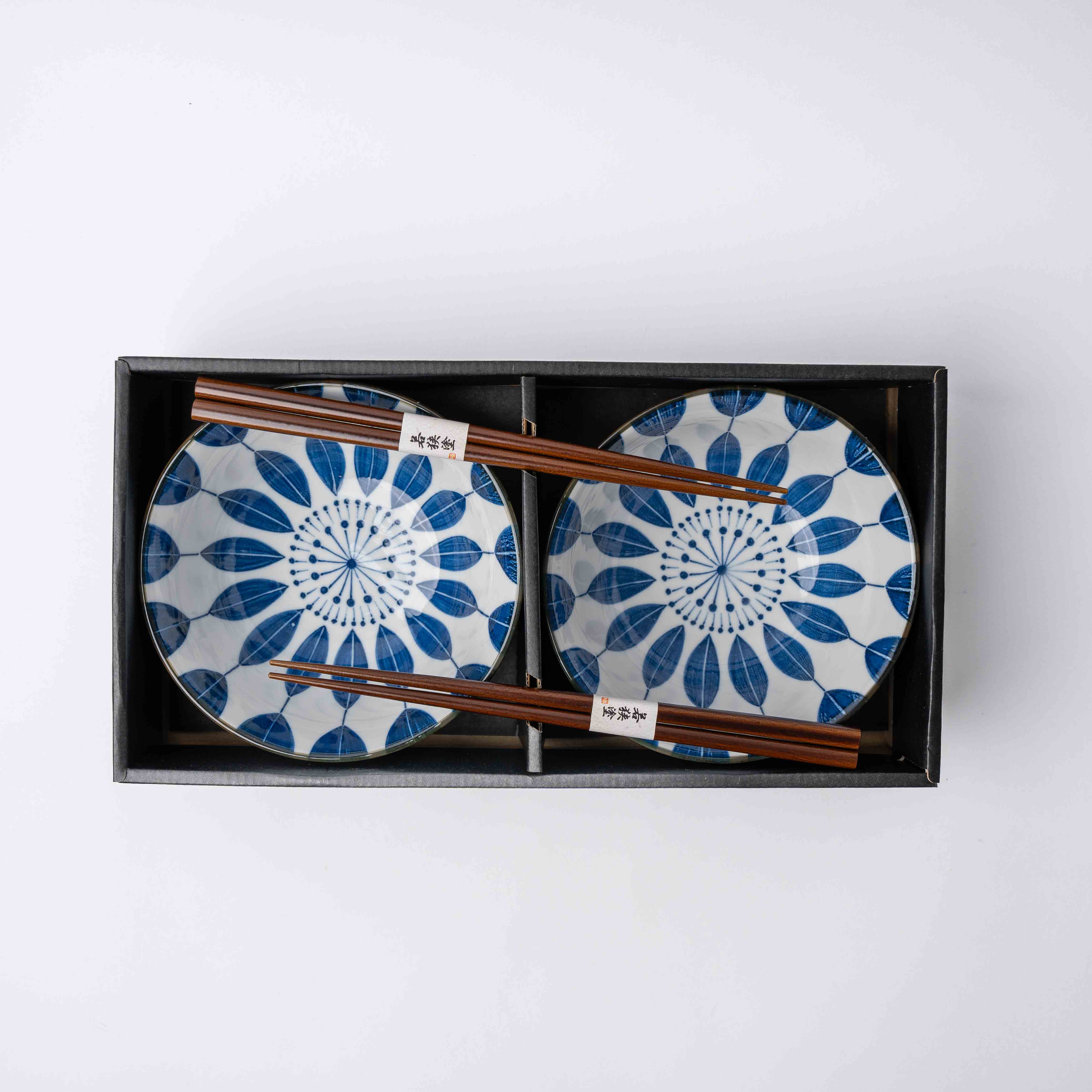 Bowl Set 2pcs with Chopsticks Indigo Sunflower Design