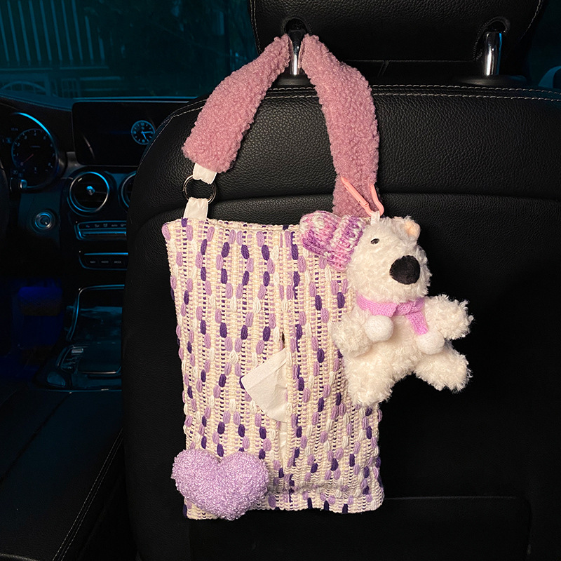 Cute Purple Bear Car Tissue Holder - Woven Design