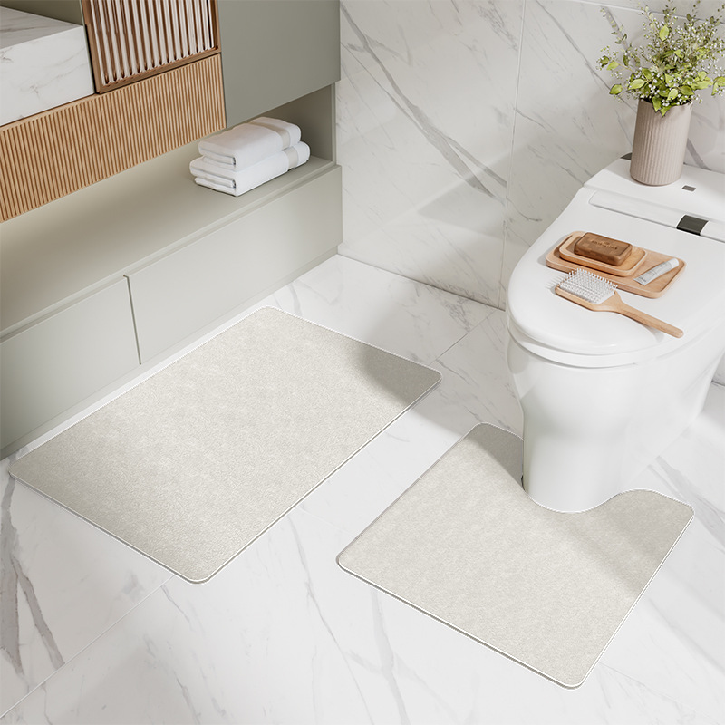 Beige Bathroom Floor Mat Set - U-Shaped Toilet Mat 50*50cm & Rectangular 40x60cm Mat for Bathroom