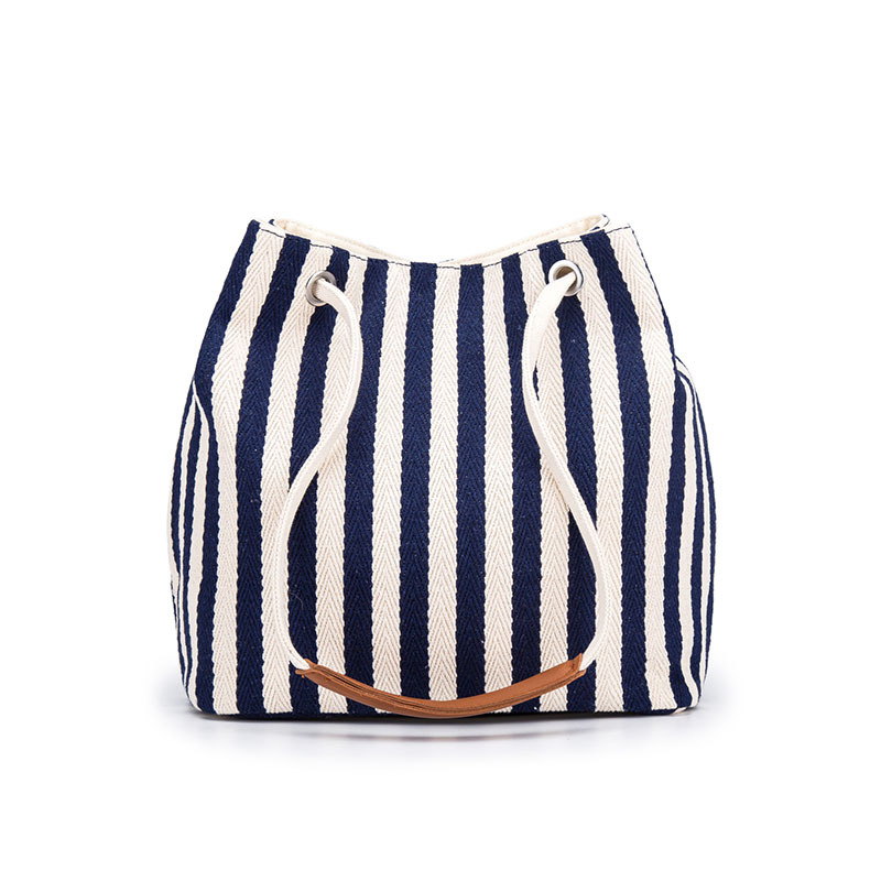 Blue Stripes Canvas Bucket Tote Bag with Leather Handle