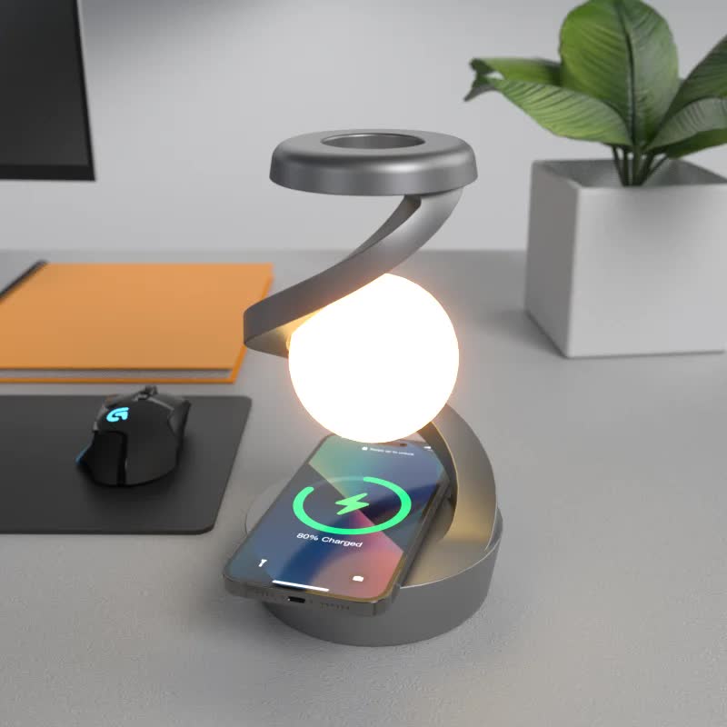 Grey 360° Rotating Floating Night Light | 7-Color RGB Atmosphere Light | USB Rechargeable for Bedroom, Bedside, Desk, Camping, and Party Décor