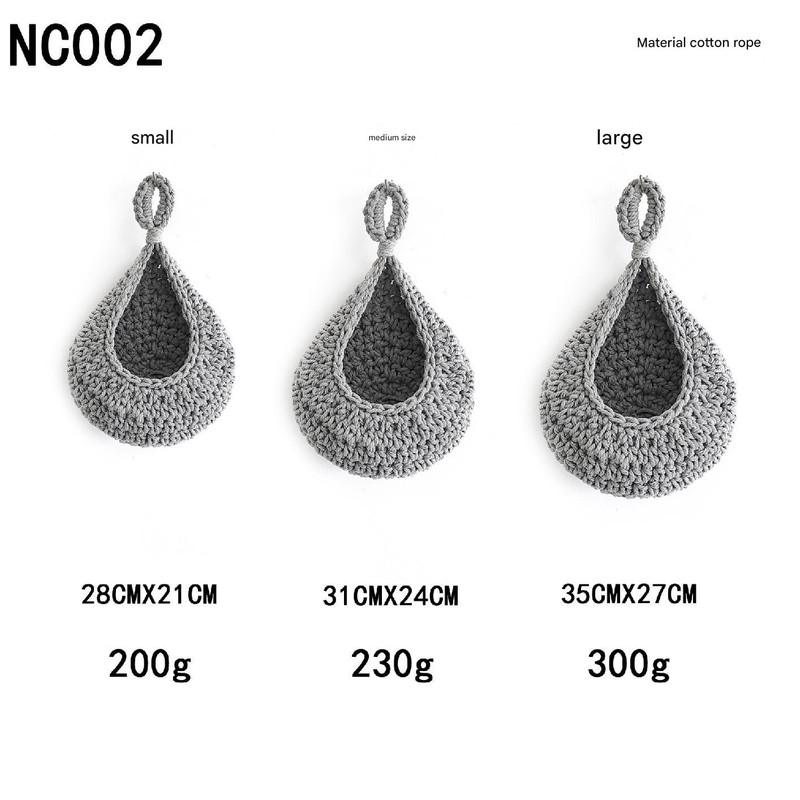 Grey 3-Piece Wall-Mounted Cotton Rope Storage Baskets – Large, Medium, and Small Hand-Woven Fruit/Vegetable/Storage Nets (Large weight 300g, Medium weight 230g, Small weight 200g)