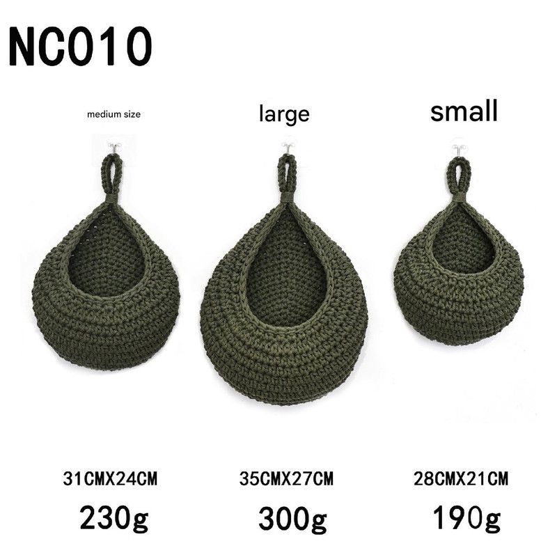 Green 3-Piece Wall-Mounted Cotton Rope Storage Baskets – Large, Medium, and Small Hand-Woven Fruit/Vegetable/Storage Nets (Large weight 300g, Medium weight 230g, Small weight 200g)