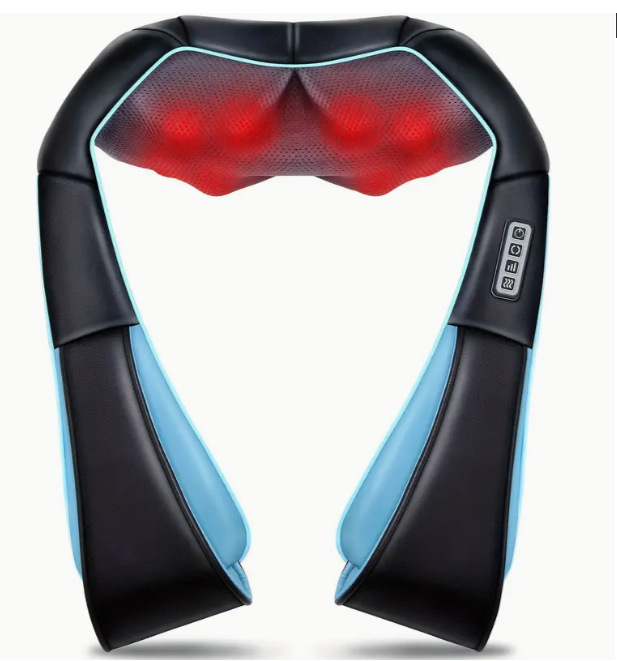 Blue Portable Kneading Neck and Shoulder Massager with Heat - Four-Button Design, USB Charging