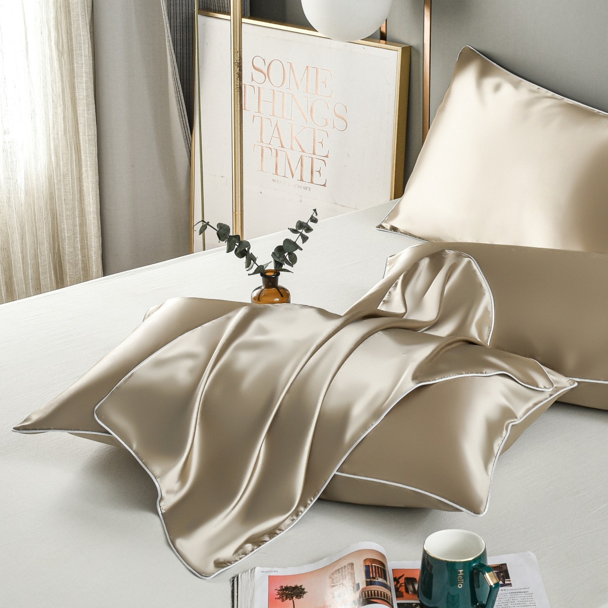 Champagne Gold Luxury Double-Sided Satin Silk Pillowcase – Summer Cooling Polyester Pillow Cover Set(Without Pillow Core)