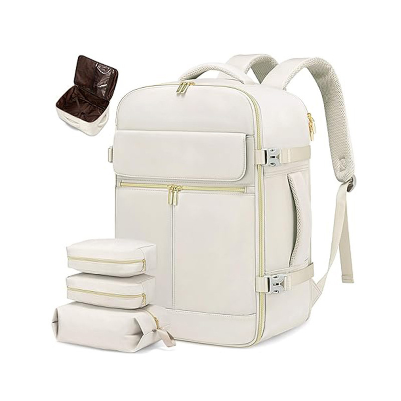 Beige 40L Large Capacity Travel Business Backpack with Expandable Compartments, Including 2 Toiletry Bags and Shoe Bag - Durable Oxford Fabric