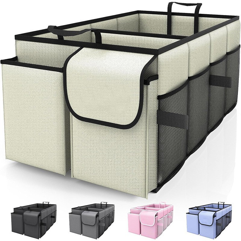 Beige Large-Capacity Foldable Car Trunk Storage Organizer - Collapsible Backseat Storage Box