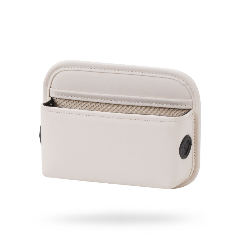 Beige PU Leather Car Storage Organizer with Dual Charging Holes and Inner Mesh Pocket, Multi-functional Door Handle Hanging Bag for Phones and Accessories, Lightweight and Durable