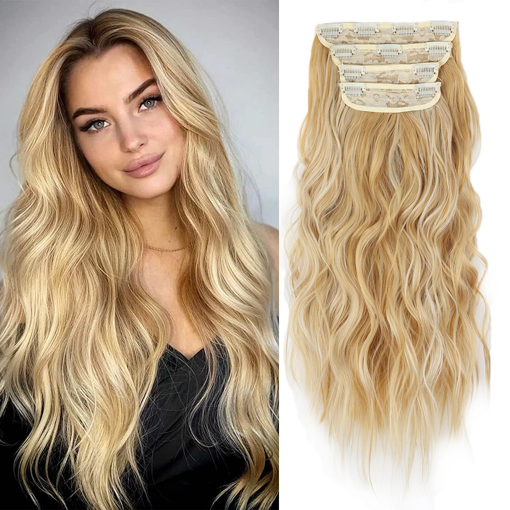 4 Pcs Set Gold High-Quality Wavy Clip-In Hair Extensions Set - 50cm, 200g, Synthetic Fiber - Voluminous Beach Waves for Instant Hair Makeover