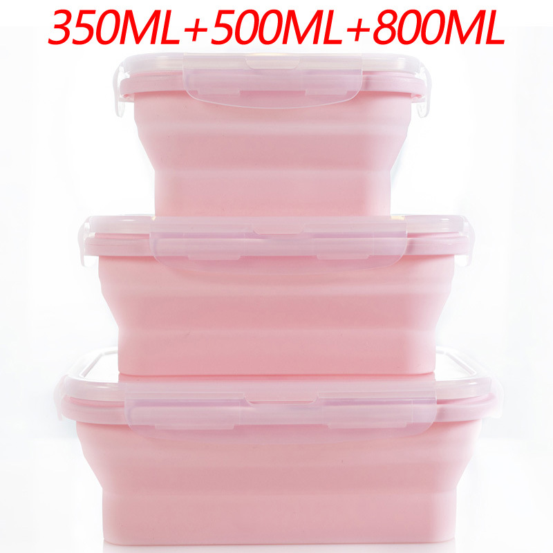 3-piece Set Pink Collapsible Silicone Food Storage Containers Set - 350ML, 500ML, 800ML | BPA-Free, Microwave, Dishwasher & Freezer Safe | Foldable & Portable Bento Boxes for Travel & Outdoor