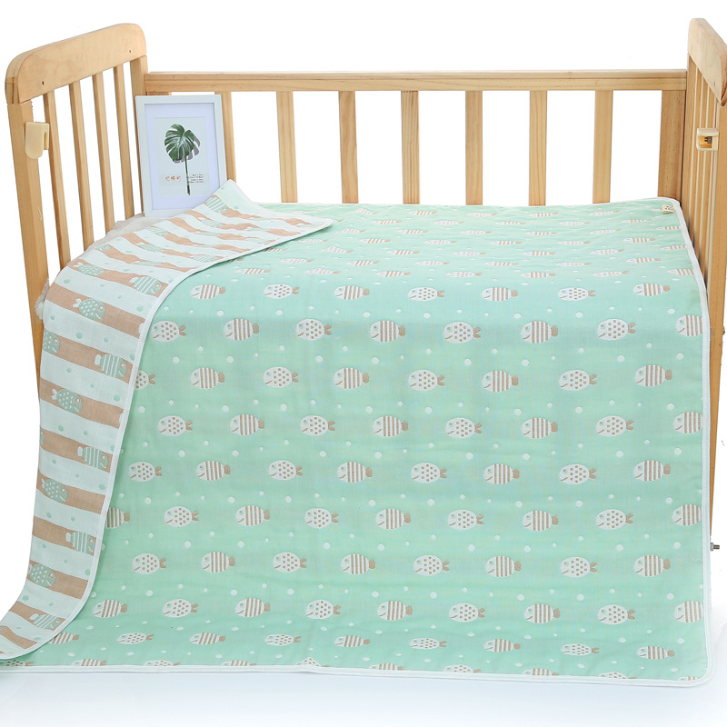 Green Fish, 6-Layer Muslin Baby Blanket - Soft Cotton Bedding for Infants and Toddlers, 110x110cm
