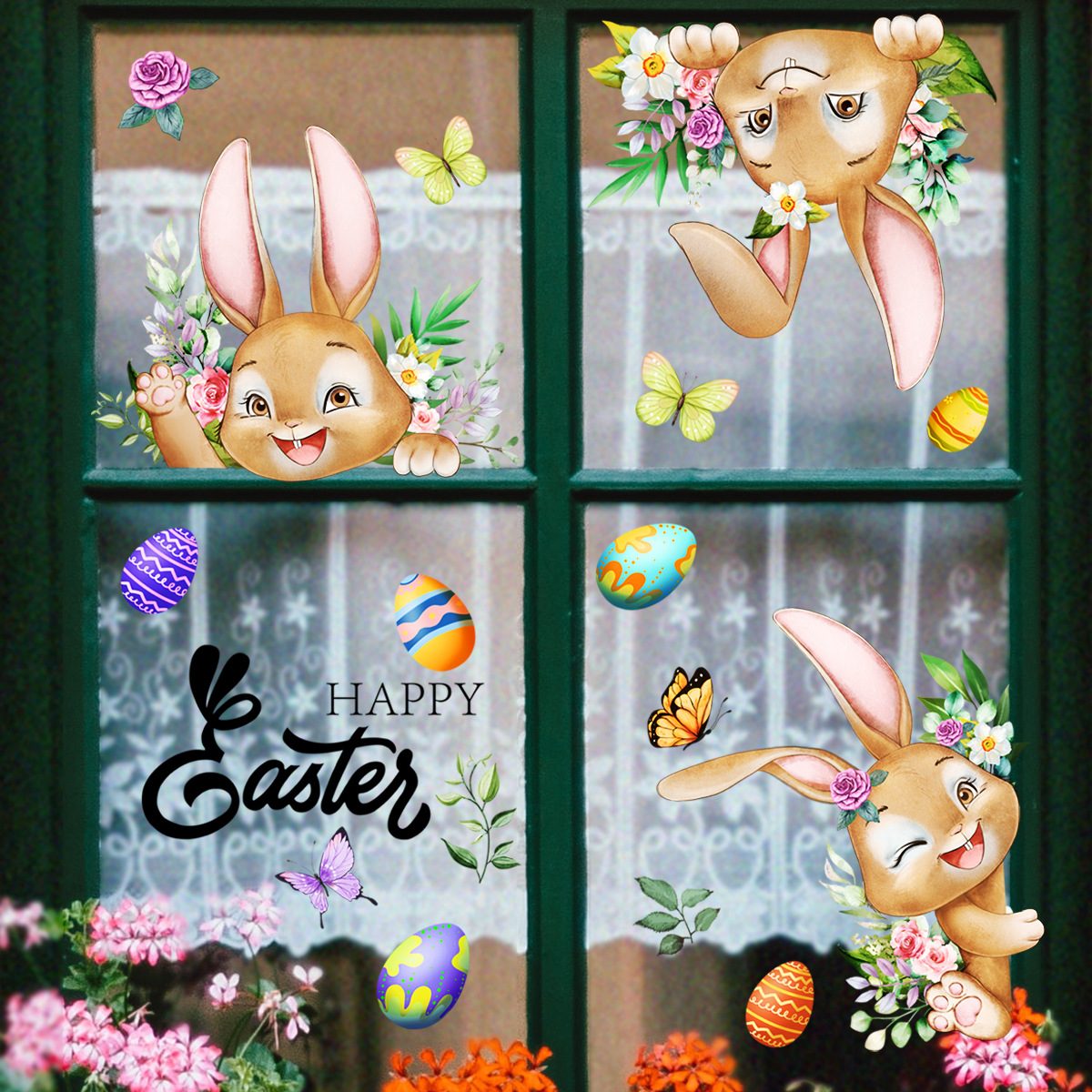 3 Sheet， Creative Easter Bunny & Egg Window Decal - Adhesive Wall Stickers for Living Room & Bedroom (60cm x 30cm)