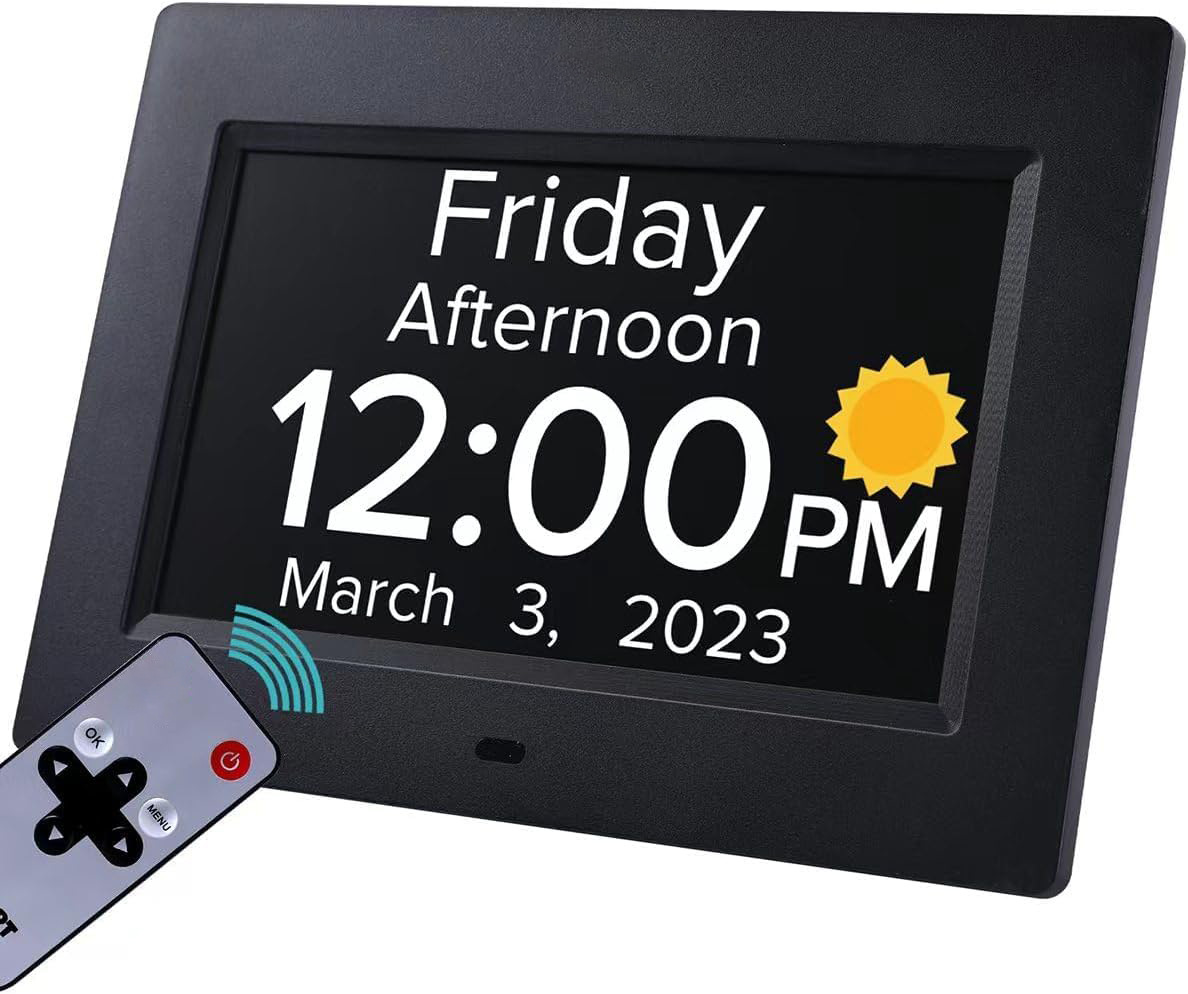 Black Crystal Clear 7-Inch Digital Day Clock with Auto Dimming & Voice Assist - Perfect for Seniors