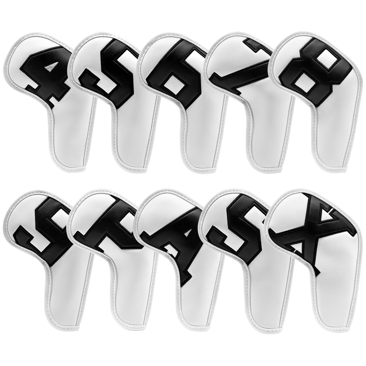 White covers with Black numbers, Premium PU Leather Golf Iron Headcover Set (10pcs) | Numbered 4-9, P, S, A, X | Protective Club Covers for Irons