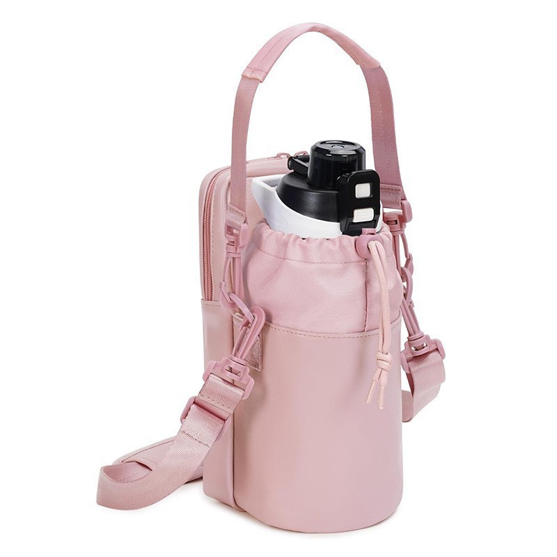 Pink Stylish Water Bottle Carrier Bag with Phone Pocket, Key Clip & Adjustable Strap - Crossbody Sling Holder