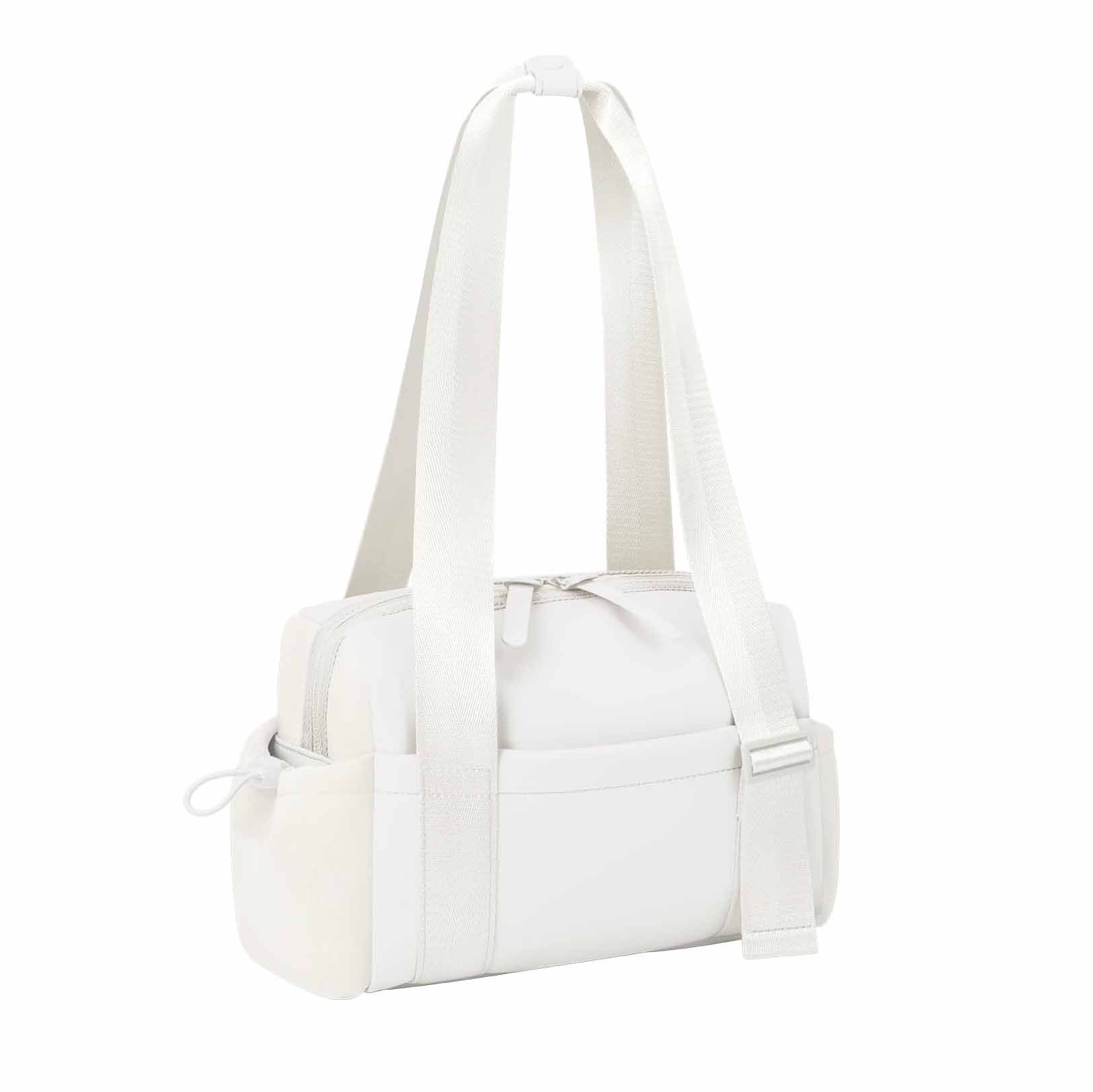 Stylish white Mini Gym Bag & Travel Tote - Compact Duffel with Wet Pocket, Luggage Sleeve & Multiple Compartments
