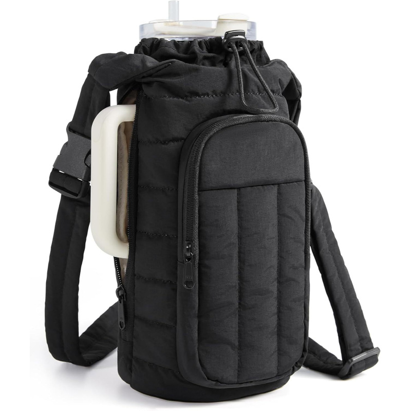 Black Quilted Water Bottle Carrier Bag with Large Phone Pocket - Insulated Tumbler Pouch with Adjustable Shoulder Strap - Crossbody Water Bottle Holder for18oz to 64ozTumblers, Gym, and Travel