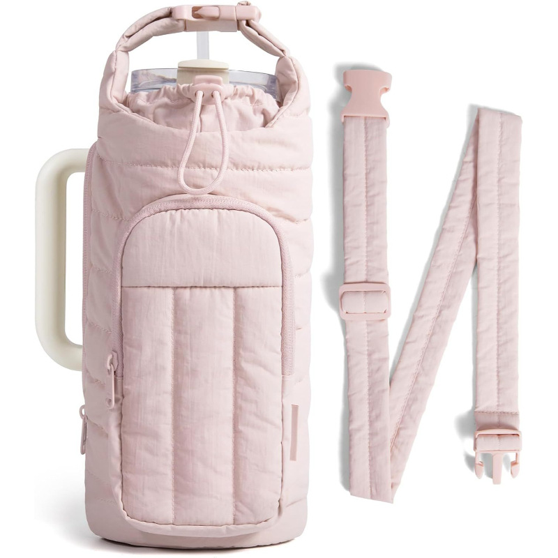 Light Pink Quilted Water Bottle Carrier Bag with Large Phone Pocket - Insulated Tumbler Pouch with Adjustable Shoulder Strap - Crossbody Water Bottle Holder for18oz to 64ozTumblers, Gym, and Travel