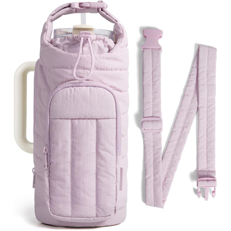 purple Quilted Water Bottle Carrier Bag with Large Phone Pocket - Insulated Tumbler Pouch with Adjustable Shoulder Strap - Crossbody Water Bottle Holder for18oz to 64ozTumblers, Gym, and Travel