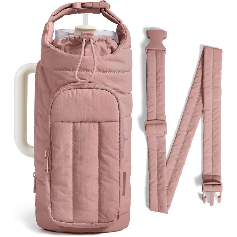 Dark Pink Quilted Water Bottle Carrier Bag with Large Phone Pocket - Insulated Tumbler Pouch with Adjustable Shoulder Strap - Crossbody Water Bottle Holder for18oz to 64ozTumblers, Gym, and Travel