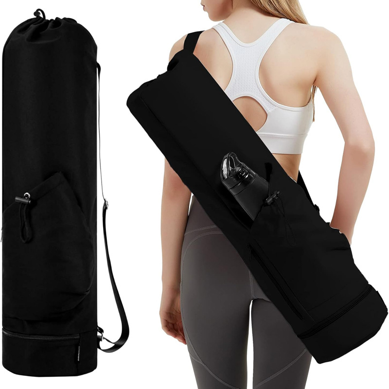 Black Professional Yoga Mat Carrying Bag - 31 Inch Large Capacity Fitness Storage Pouch with Adjustable Shoulder Strap and Accessory Pocket - Fits Mats up to 10mm Thickness