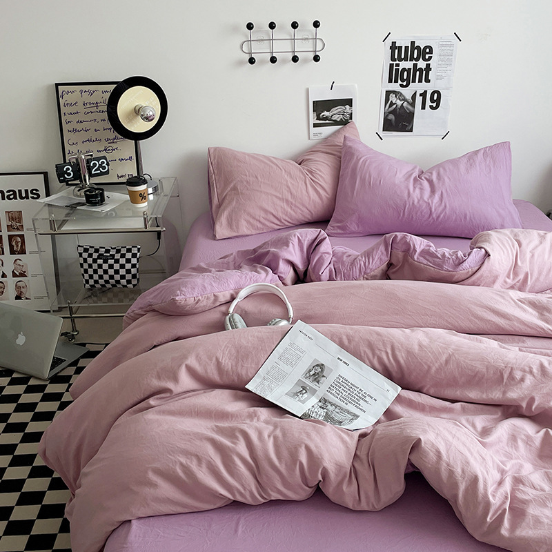 Purple 1.5m Bed Fitted Sheet Set with 200x230cm Duvet Cover - 4-Piece Bedding Set