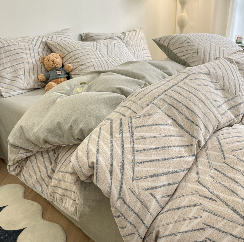 Pinstripe Thick Brushed Cotton 4-Piece Bed Sheet Set (1.5m Bed) - Fits 200x230cm Duvet