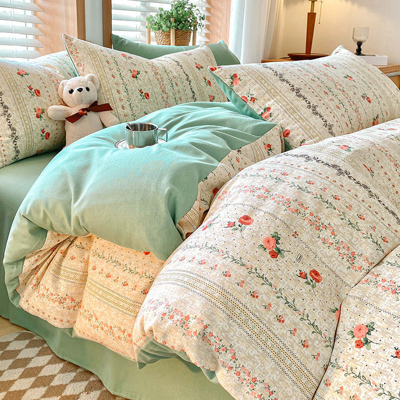 Green Flower Thick Brushed Cotton 4-Piece Bed Sheet Set (1.5m Bed) - Fits 200x230cm Duvet