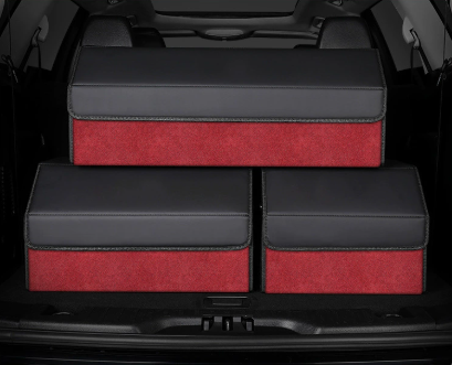 Medium Sized Tumbled Leather Red Foldable Car Trunk Storage Box - Large Capacity Insertable Rear Organizer
